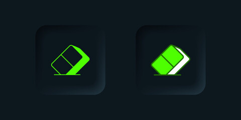 Green Eraser or rubber icon isolated on black background. Black square button. Vector