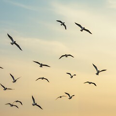 Fototapeta premium A flock of seagulls flying in the sky at sunset