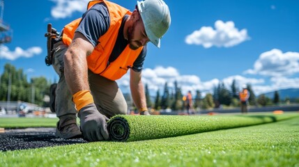 Worker installing artificial grass on a sports field with a clear blue sky and trees in the background