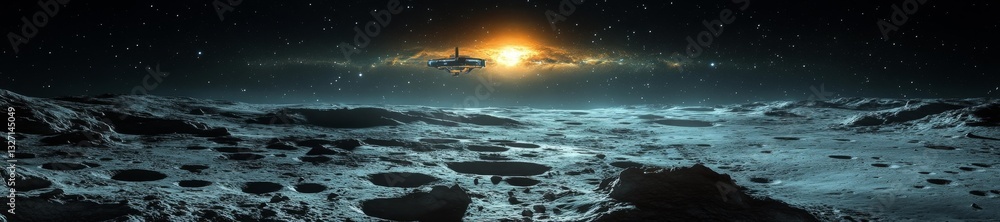 Wall mural a futuristic spacecraft orbiting the moon with a cloud of stars in the background casting a shadow o