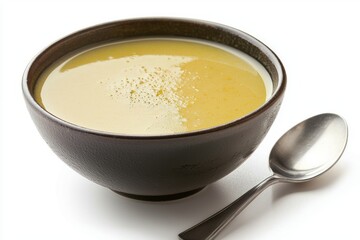Creamy corn soup in brown bowl near shiny spoon on white table with warm inviting light
