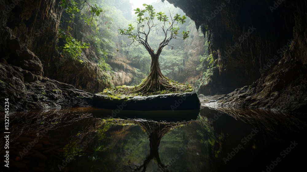 Poster mysterious tree emerges from caves enigmatic landscape nature photography serene environment tranqui