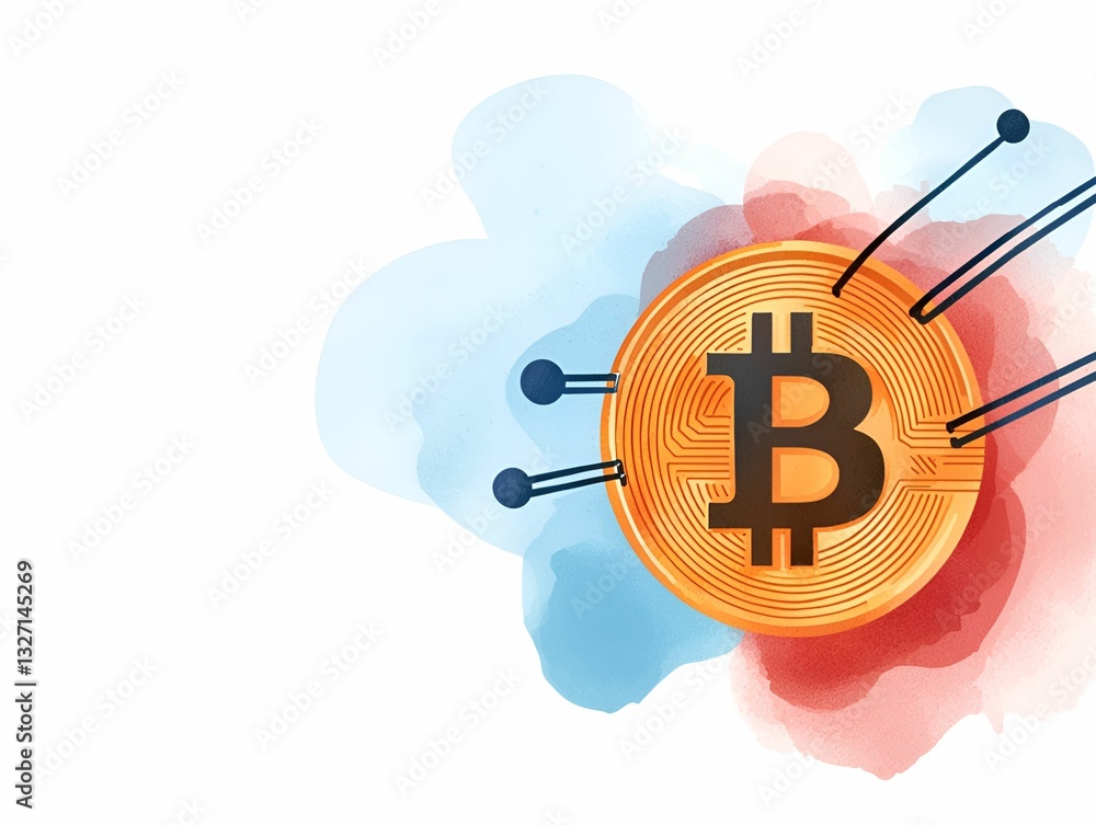 Poster cryptocurrency watercolor concept. digital illustration of a bitcoin symbol with colorful background