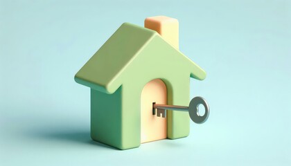 3D cute house icon, cartoon building, home with key, isolated on background
