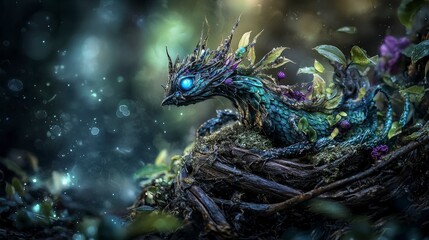 Obraz premium Mystical dragon in enchanted forest fantasy art nature scene ethereal atmosphere close-up magical creature
