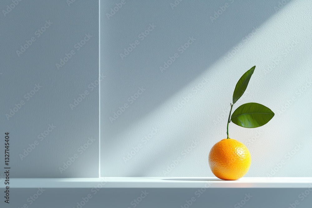 Poster refreshing studio capture of vibrant orange with leaves on white platform in soft natural light