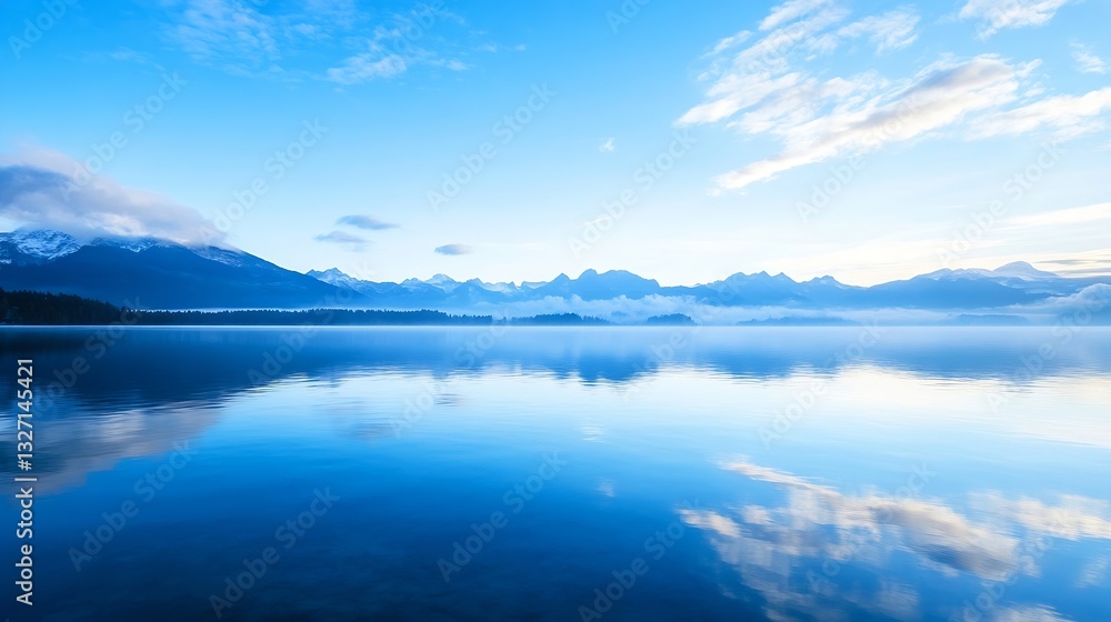 Poster serene landscape with misty mountains and calm reflections on a tranquil lake : generative ai