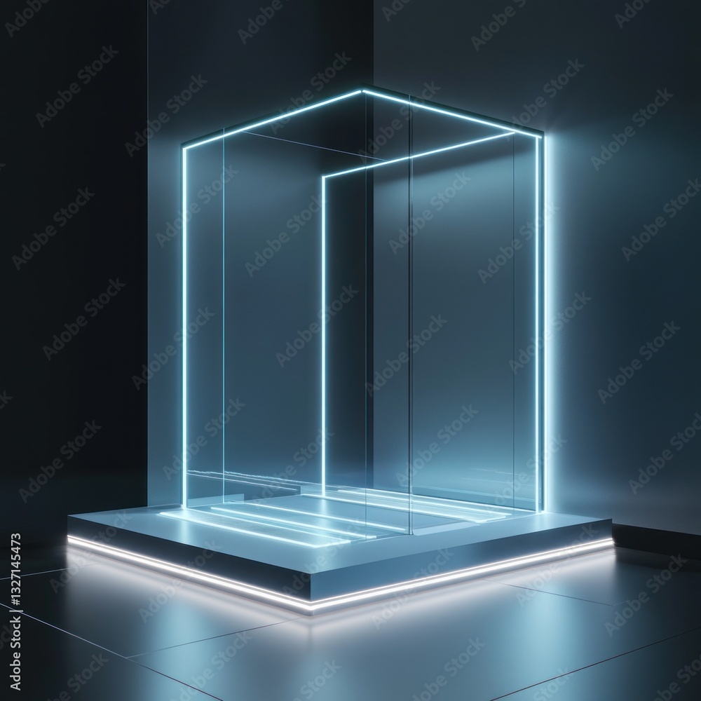 Poster illuminated geometric abstract corner display futuristic glowing platform in neon light installation