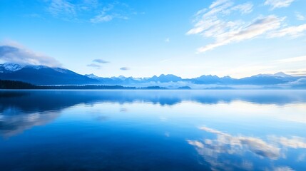 Fototapeta premium Serene Landscape with Misty Mountains and Calm Reflections on a Tranquil Lake : Generative AI