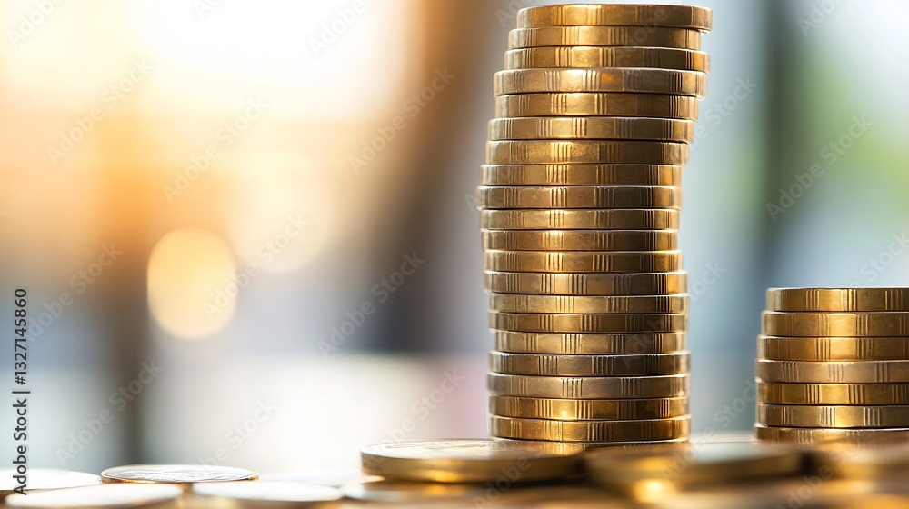 Aufkleber stacks of shining coins reflecting light in a modern financial atmosphere : generative ai