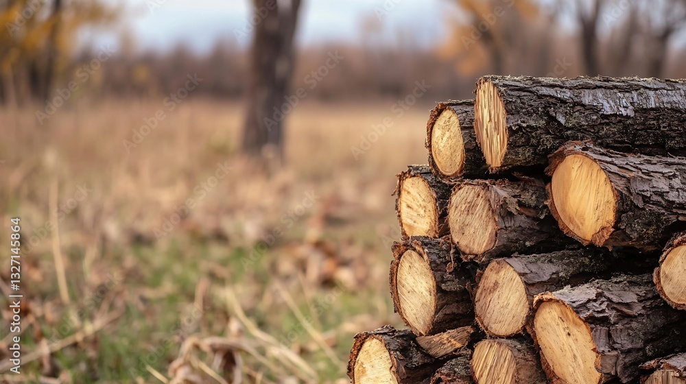 Poster Stack of freshly cut logs resting in a field surrounded by peaceful autumn scenery : Generative AI