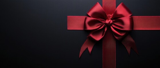 Elegant Red Ribbon Bow on Dark Background Creates a Festive Holiday Mood Perfect for Gift Giving and Celebration