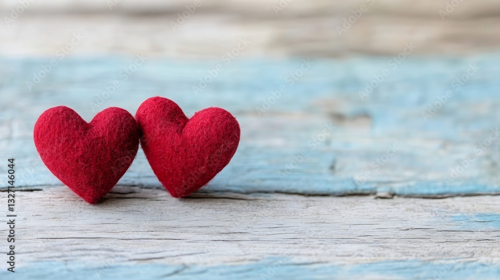 Poster Two red felt hearts symbolizing love and affection resting on rustic wooden background : Generative AI