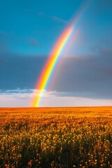 The dazzling rainbow in the clear sky after the rain