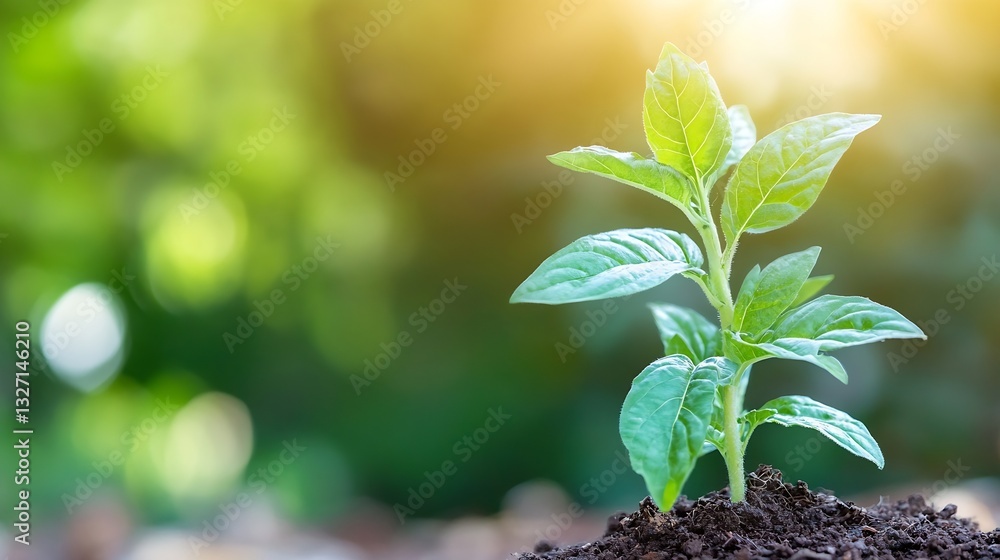 Poster fresh green seedling sprouting from rich soil under the warm sunlight symbolizing new beginnings and