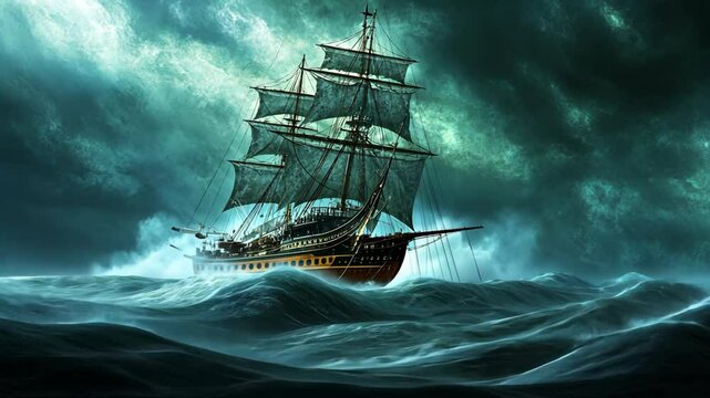 pirate ship sailing on raging ocean under black storm cloud 