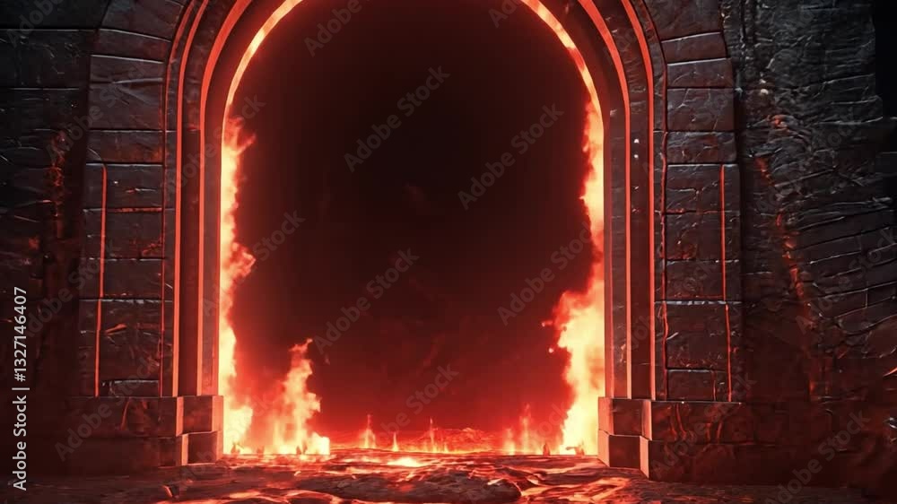 Poster mysterious glowing portal in a dark cavern setting with fiery elements and ancient stone architectur