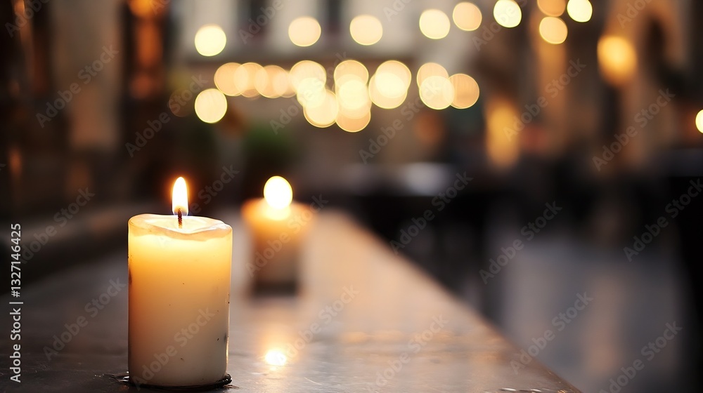 Poster serene candle glow with soft bokeh lights creating a tranquil atmosphere : generative ai
