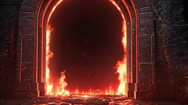 Mysterious glowing portal in a dark cavern setting with fiery elements and ancient stone architecture