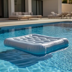 Inflatable pool float on tranquil blue water at sunny poolside