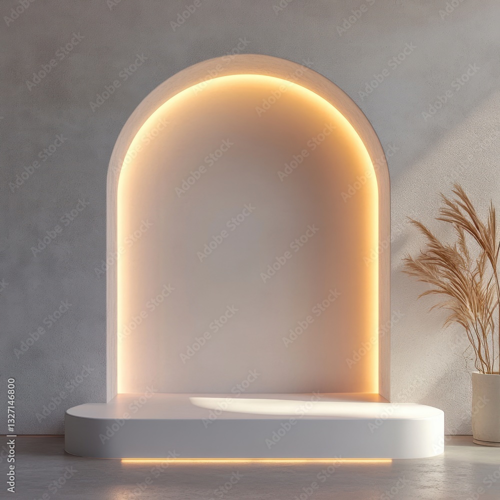 Poster elegant studio display stand for product presentation in a minimalist setting with arch style