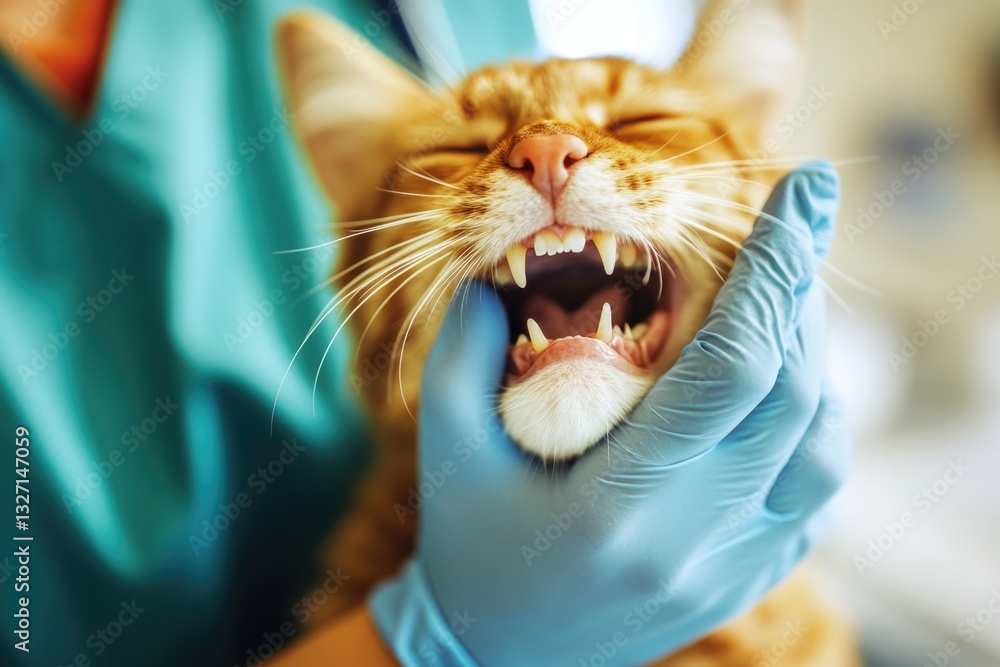 Poster A person holds a cat with its mouth open in this close-up image