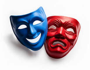 Mascaras de actor de teatro en color azul y rojo aisladas en fondo blanco