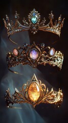 Three ornate jeweled crowns display regal splendor