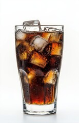 Glass of cola or iced coffee with ice cubes on white background