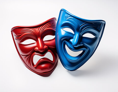 Mascaras de actor de teatro cl&aacute;sico en color azul y rojo aisladas en fondo blanco