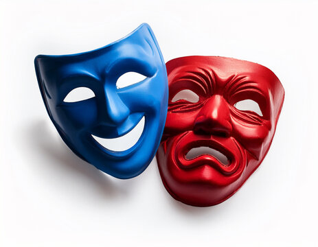 Mascaras de actor de teatro en color azul y rojo aisladas en fondo blanco