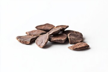 Naklejka premium Pile of cacao beans on white background showcasing natural texture and dark brown color for food photography