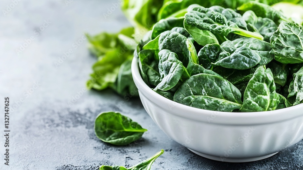 Aufkleber fresh spinach leaves in a white bowl on a gray table with one leaf spilled : generative ai