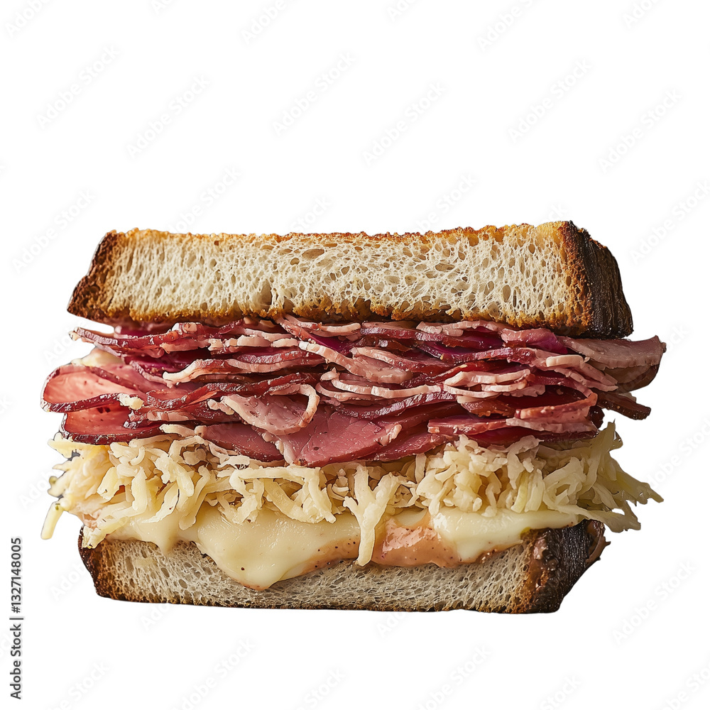 Poster a close-up of a layered sandwich featuring slices of meat and sauerkraut between two pieces of toast