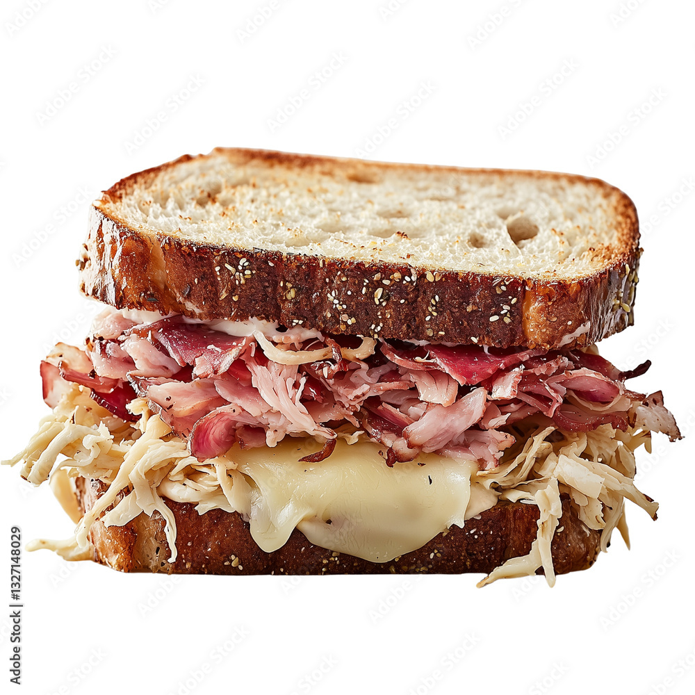 Poster a delicious sandwich layered with shredded meat and cheese, served between two slices of crusty brea