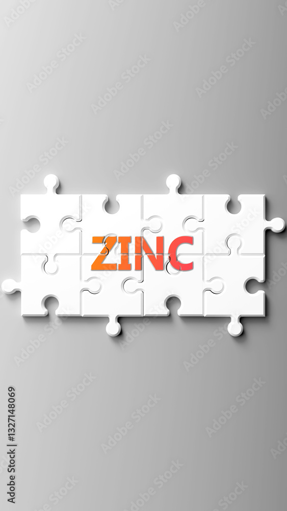 Poster zinc complex like a puzzle - pictured as word zinc on a puzzle pieces to show that zinc is complex a