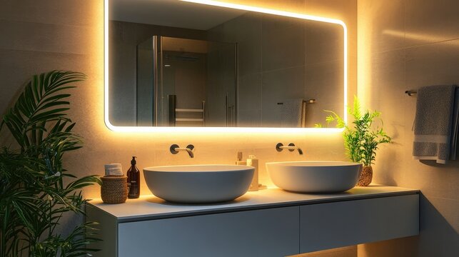 Around the bathroom mirror, smart LED strip lighting with adjustable brightness and color temperature.