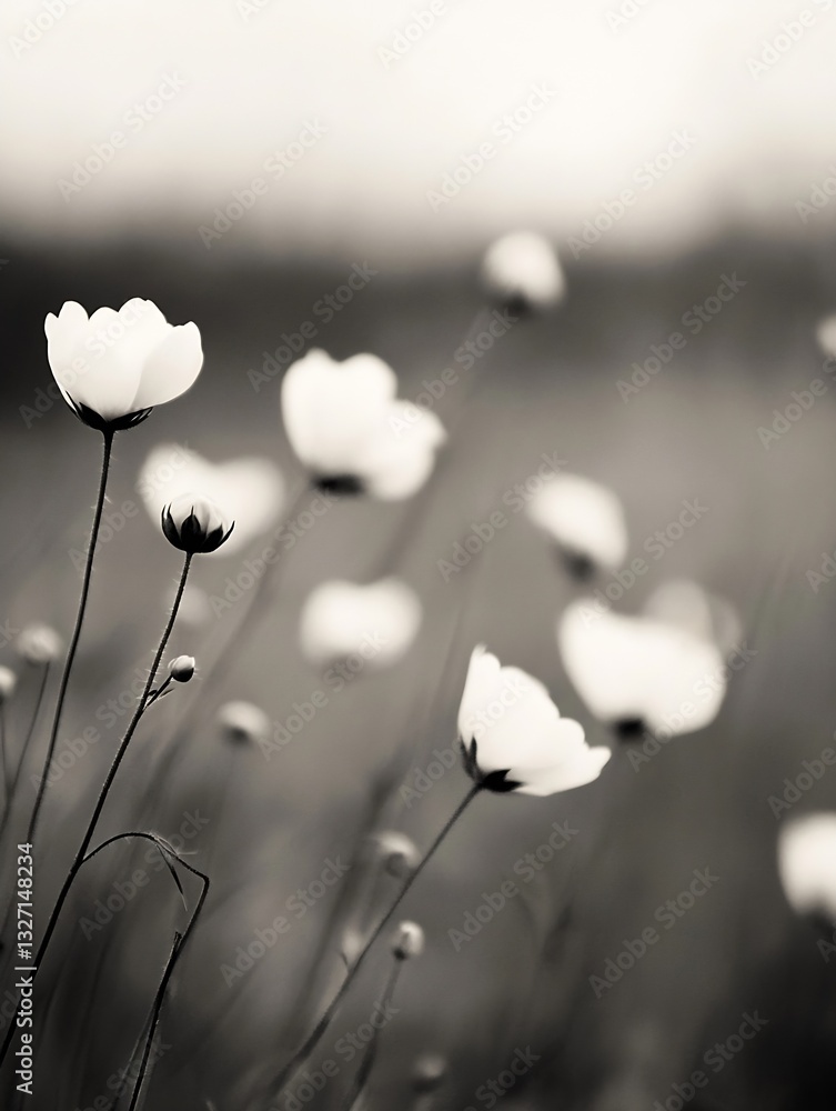 Poster elegant black and white photograph of flowers gently swaying in the soft breeze against a blurred ba