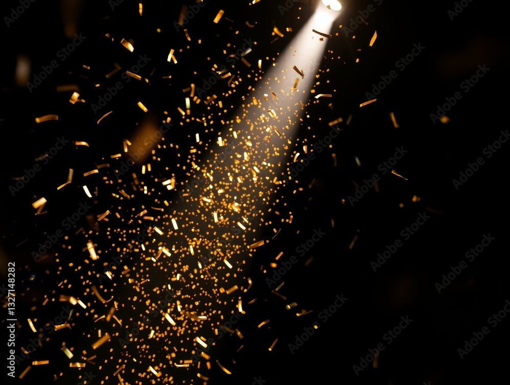 Poster a spotlight illuminating golden confetti particles floating in the air against a dark background, cr