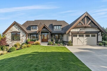 Modern Farmhouse Home on Hillside; Lush Landscape; Sunny Day