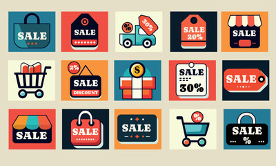 A set of bright vector icons dedicated to sales and discounts. Includes price tags, gifts, shopping carts, store signs, bags with SALE text, percentage symbols, and promotional elements. 