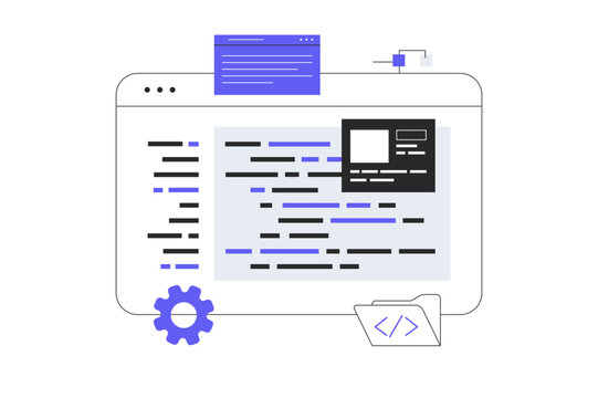 Software development, programming, coding. Developer working on computer and creating programs, coding and fixing code. Flat Cartoon Vector Illustration, icon. Stylish abstract design for website