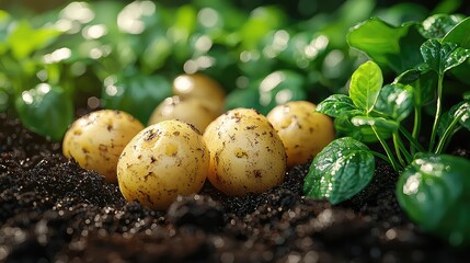 Freshly Harvested Potatoes in Rich Soil Close Up Shot of Organic Potatoes Growing in the Garden Sunlight on Vegetables