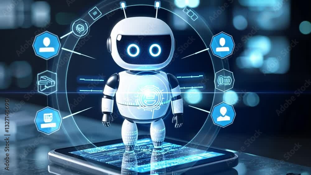 Poster futuristic robot sitting on digital tablet with neon lights and high-tech graphics in modern environ