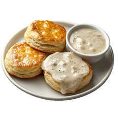 Fluffy biscuits and gravy with creamy gravy served on a white plate, perfect for breakfast or brunch. isolated on white background and transparent background