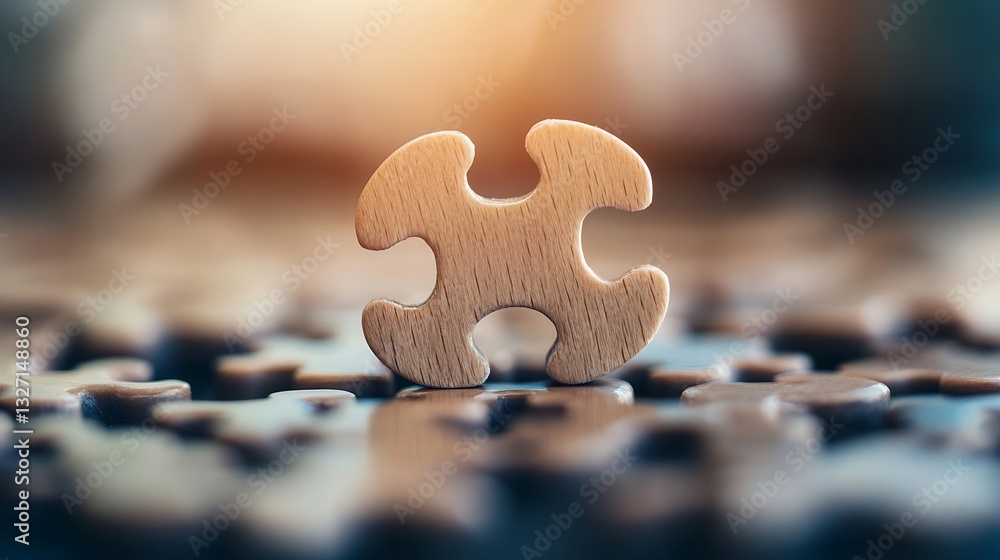 Poster single wooden puzzle piece stands out on a blurred background of many pieces in a thoughtful scene :