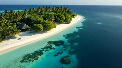 An aerial view reveals a serene beach with soft white sands and clear turquoise waters, surrounded by lush greenery, perfectly capturing the essence of a memorable summer vacation