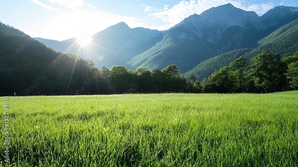 Poster vibrant green grass field basking in sunlight with majestic mountains in the background : generative