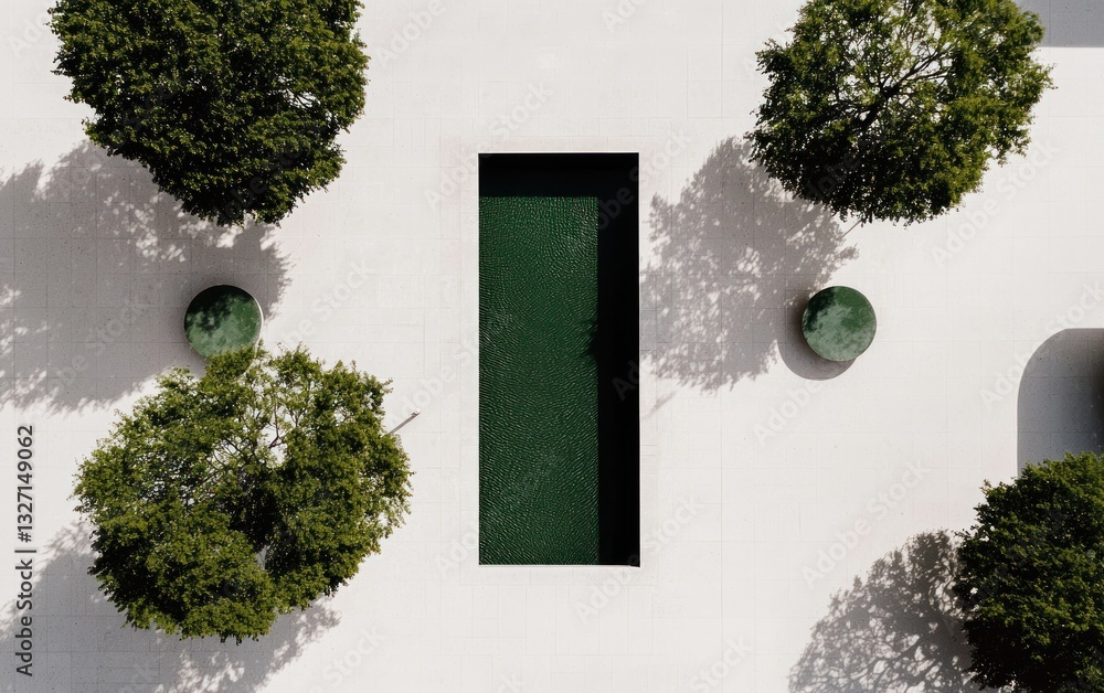Poster high-angle view of a rectangular pool surrounded by lush green trees and shrubs, set against a light