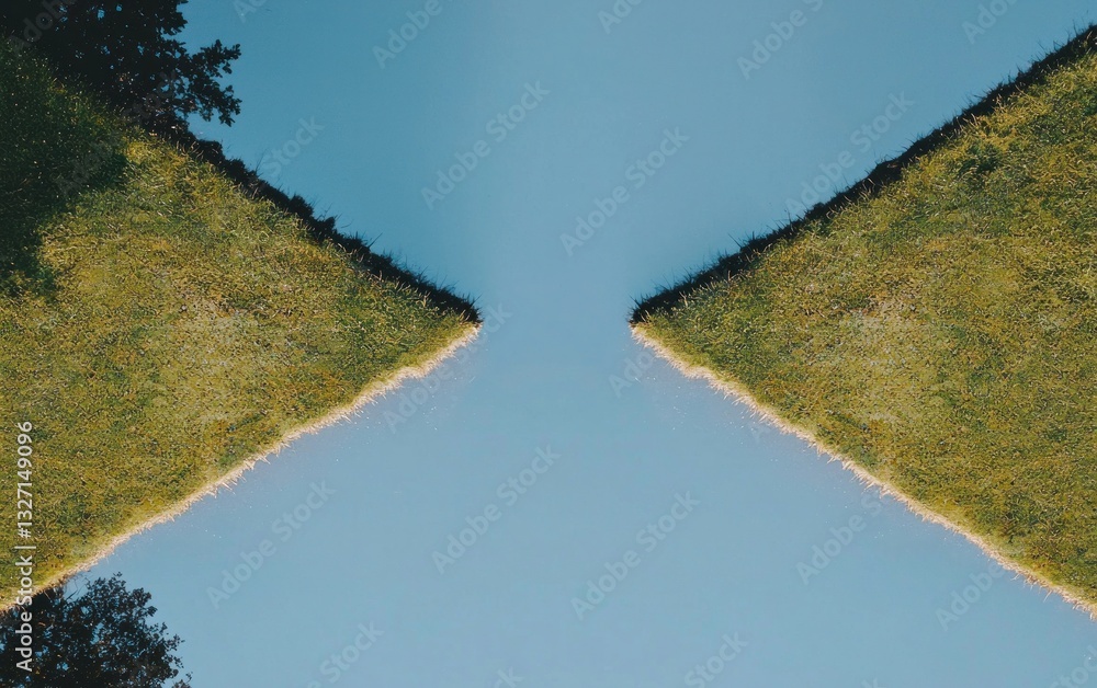 Poster abstract image of mirrored grassy triangles meeting at a point over a light blue background. the ima